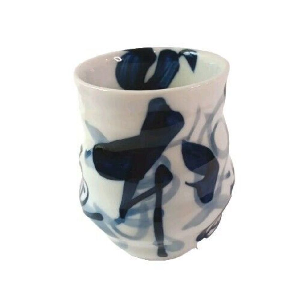 Japanese Yunomi Tea Cup Mug Blue & White Abstract Swirl Porcelain Excellent Cond